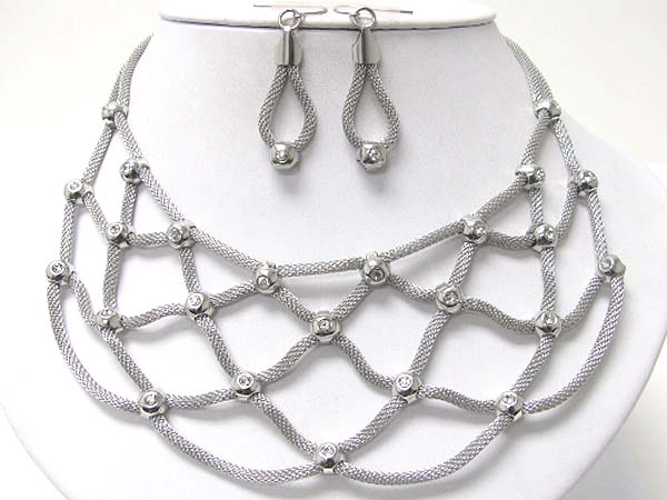 Crystal ball joint metal tube chain mesh necklace earring set