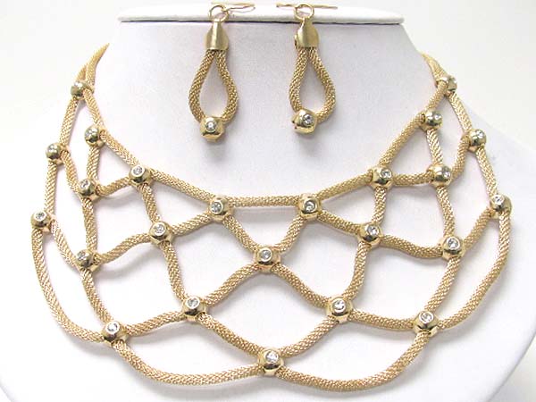 Crystal ball joint metal tube chain mesh necklace earring set