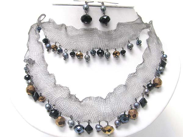 Mesh scarf and facet glass stone dangle necklace earring set