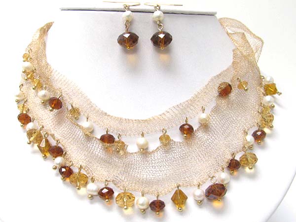 Mesh scarf and facet glass stone dangle necklace earring set