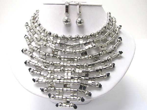 Multi level metal beads bib style necklae earring set