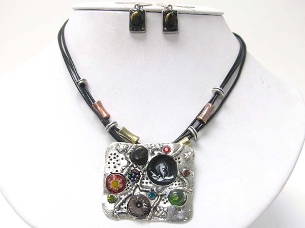 Crystal and beads art deco pendant cord necklace earring set