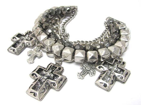 Crystal paved cross charm dangle mixed metal chain link bracelet