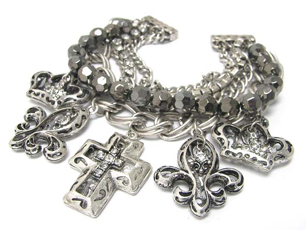 Crystal stud fleur de lis and cross charm dangle mixed metal chain link bracelet