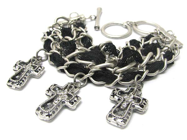 Cross charm dangle mesh and metal chain braided bracelet