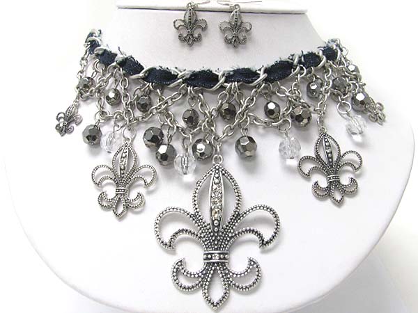 Multi fleur de lis charm dangle denim and metal chain necklace earring set