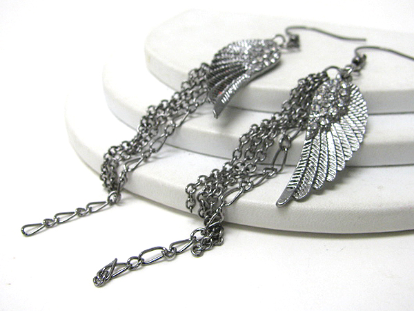 4 inch long crystal deco angel wing and chain drop earrings