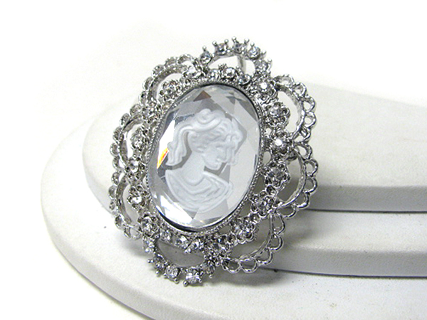 Crystal deco and cameo in facet glass pin or brooch