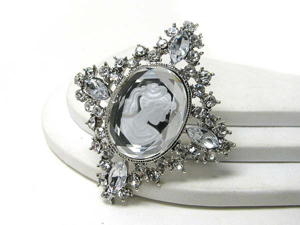 Crystal deco and cameo in facet glass pin or brooch