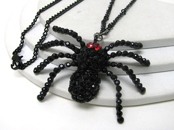 Crystal stud large black widow spider pendant and long chain necklace