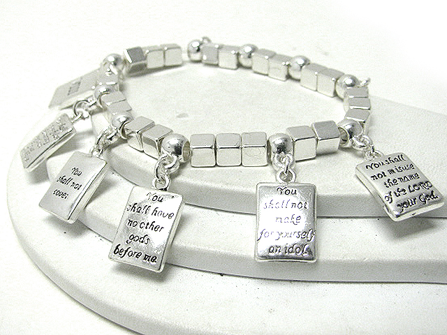 Ten commandment charm dangle metal cube stretch bracelet