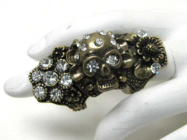 Glam punk crystal deco skull joint knuckle armor ring