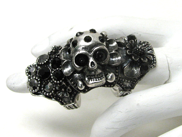 Glam punk crystal deco skull joint knuckle armor ring