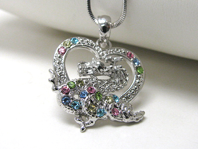 Made in korea whitegold plating crystal dragon heart pendant neckalce