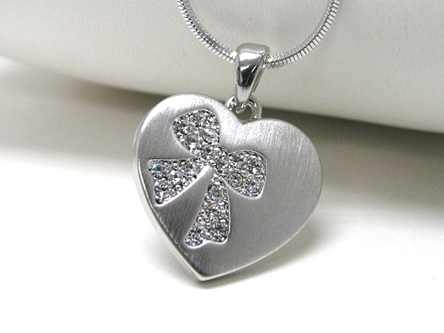 Made in korea whitegold plating crystal ribbon heart pendant neckalce