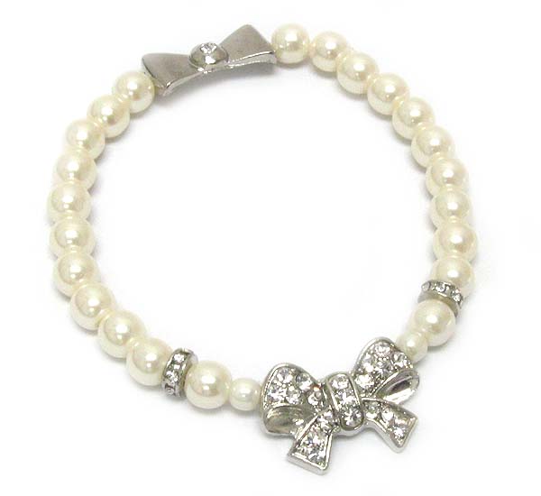 Crystal ribbon and pearl stretch bracelet