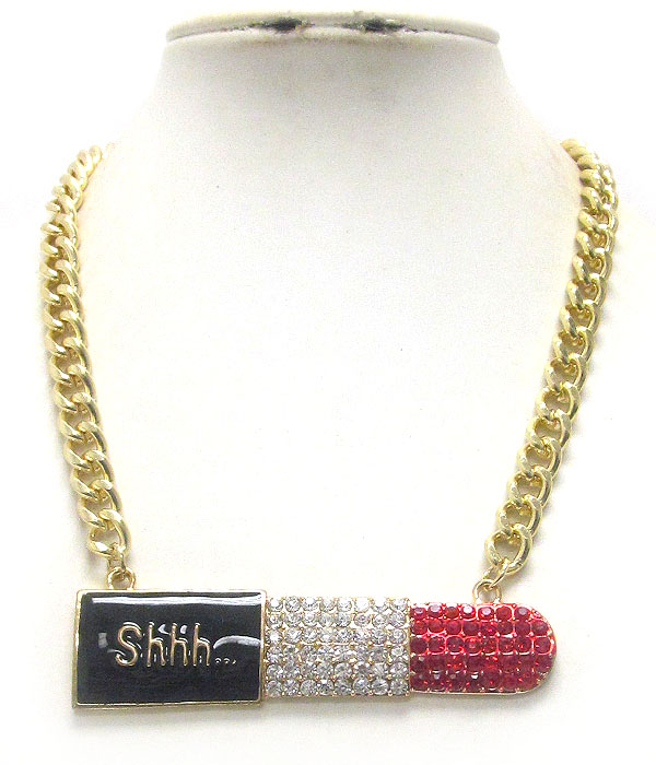 Crystal and epoxy deco large lip stick and chain necklace