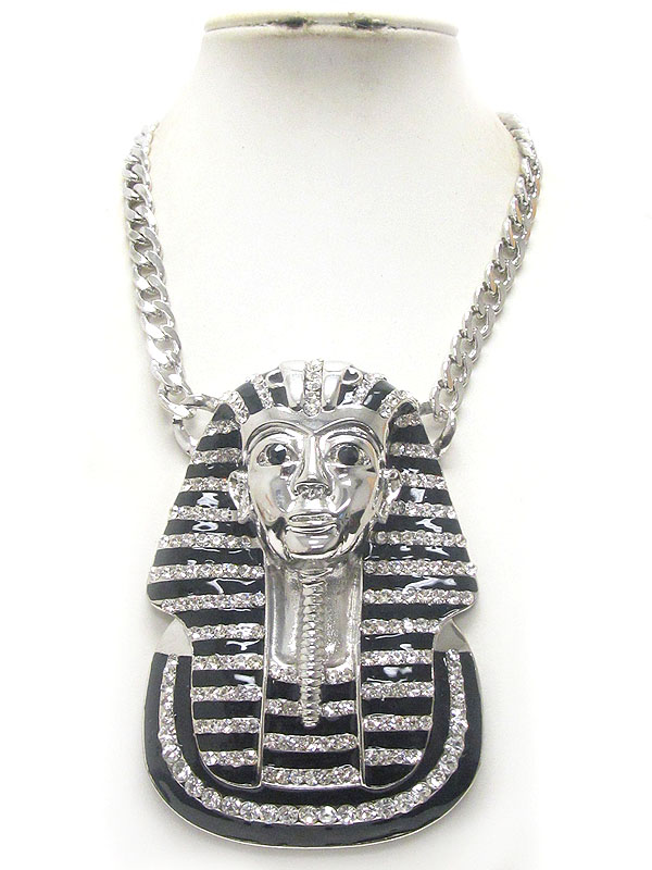 Crystal and epoxy deco large egyptian pharaoh pendant and thick chain necklace