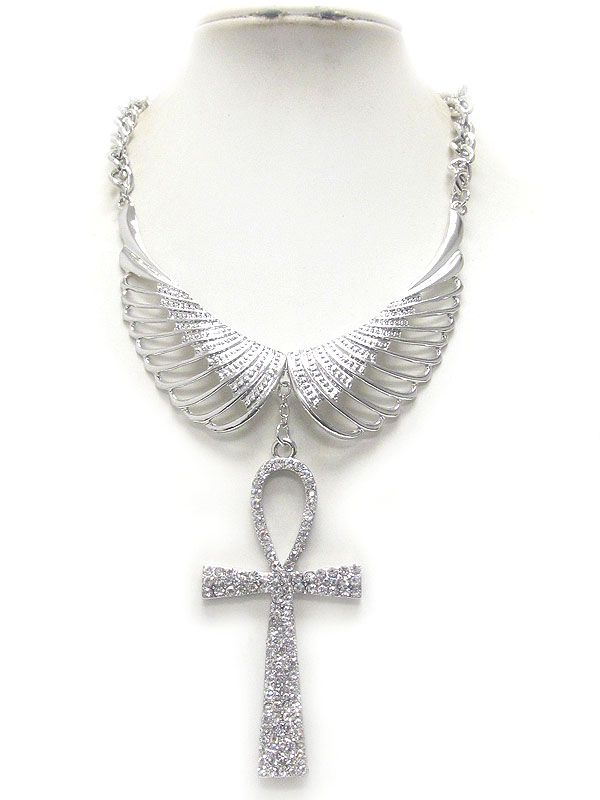 Angel wing and crystal deco egyptian cross drop necklace