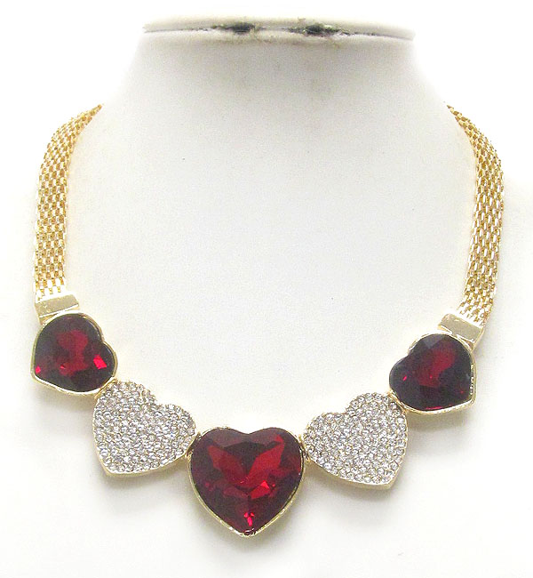 Crystal deco heart and facet glass heart link necklace -valentine