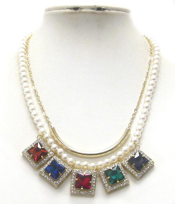 Crystal and multi facet glass link and pearl chain necklace