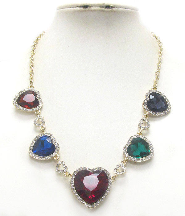 Crystal and facet heart glass link party necklace