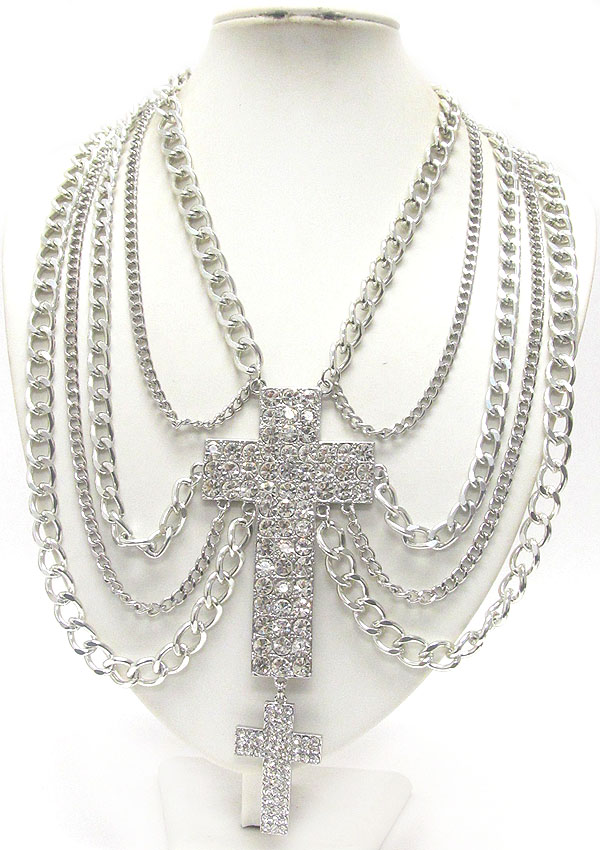 Crystal deco dual cross and multi chain necklace