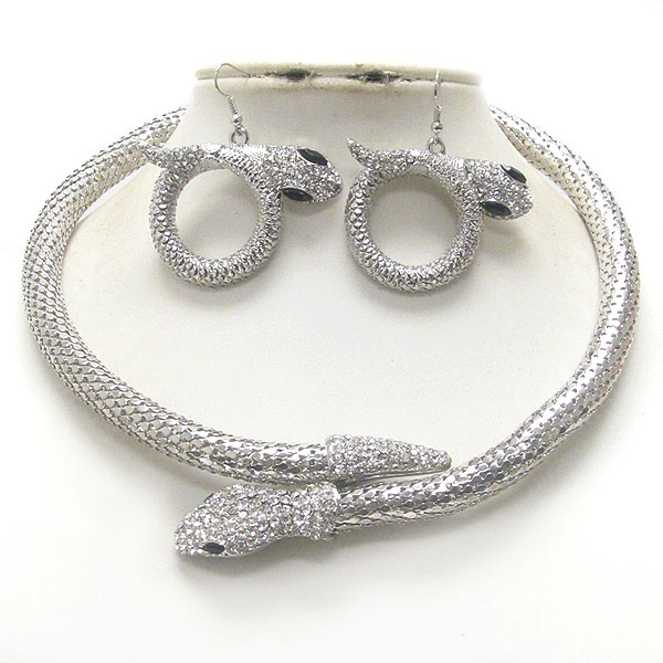 Crystal snake head and flexible tube chain chocker necklace earring set