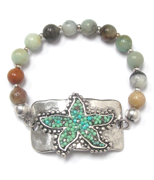 Seedbead starfish and ball stone stretch bracelet