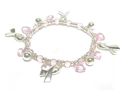 Metal ribbon and beads and glass heart charms stretch bracelet