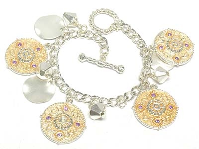 Crystal deco round disk charms toggle bracelet