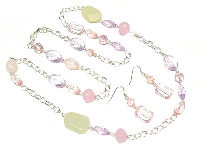 Facet cut semi precious stone and glass bead deco necklace and earring set 