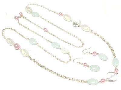 Glass bead and acrylic ball bead link long necklace and earring set 