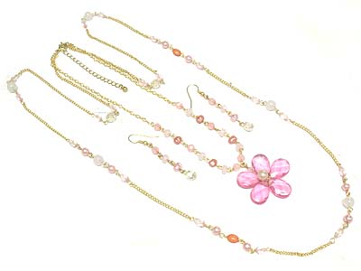 Multi glass bead and facet cut acryl flower charm double necklace and earring set 