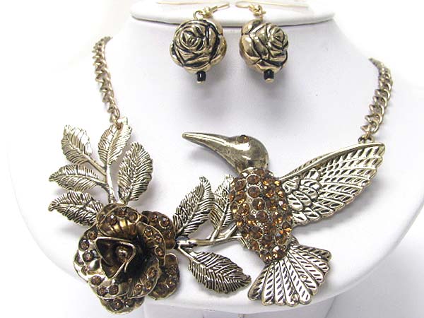 Crystal stud  metal large flower and bird link necklace earring set 