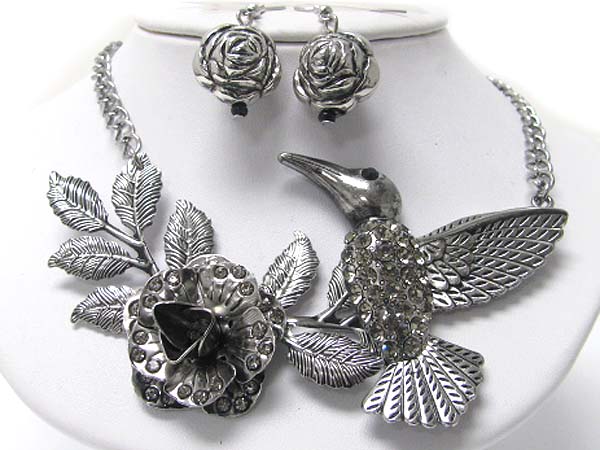 Crystal stud  metal large flower and bird link necklace earring set