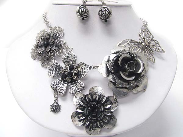 Crystal stud  metal large flowers link necklace earring set