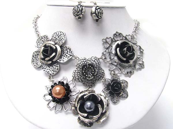 Double layer  metal large flowers link necklace earring set 