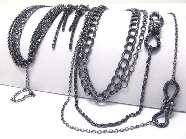 Multi burnish metal chain long necklace earring set 