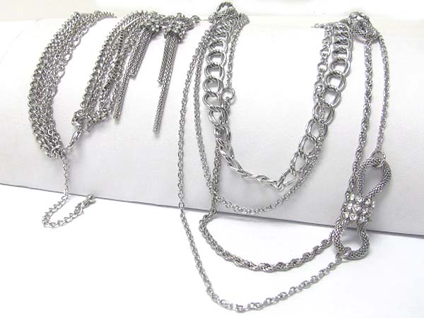 Multi burnish metal chain long necklace earring set 