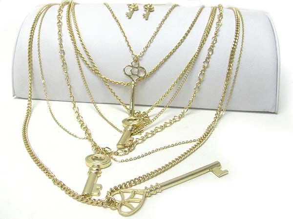 Key pendant multi layer  metal chain link long necklace earring set 