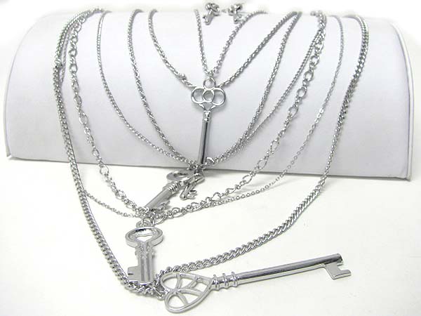 Key pendant multi layer  metal chain link long necklace earring set 