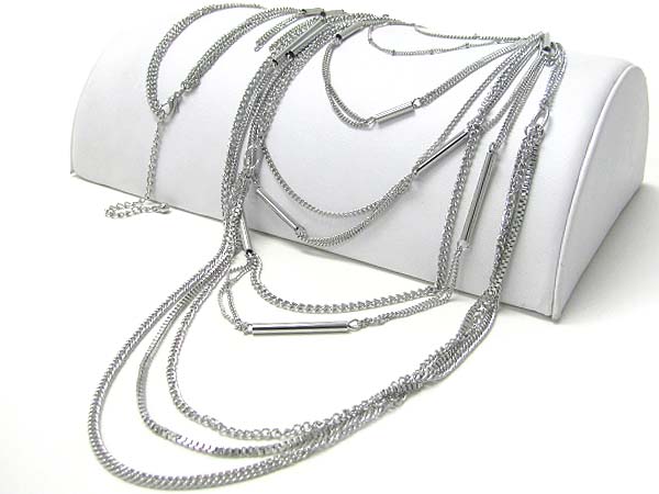 Multi metal tube and chain long necklace earring set 