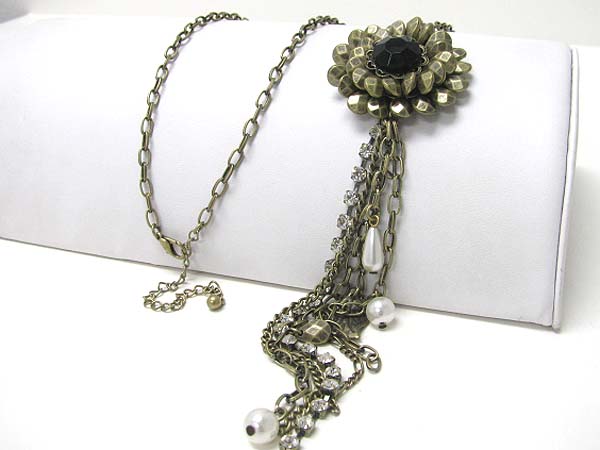 Stone and metal beads round pendant and taseel drop long necklace