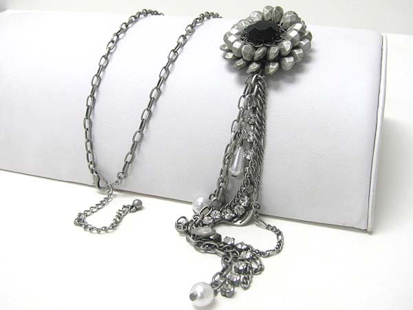 Stone and metal beads round pendant and taseel drop long necklace