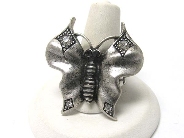 Crystal stud burnish metal butterfly stretch ring