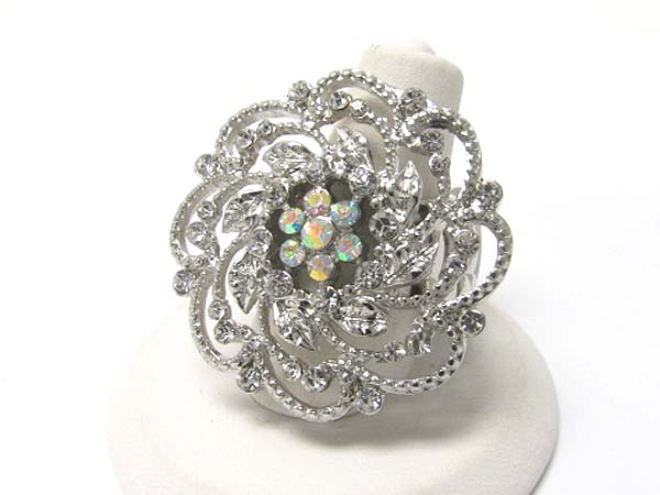 Crystal stud metal filigree round stretch ring