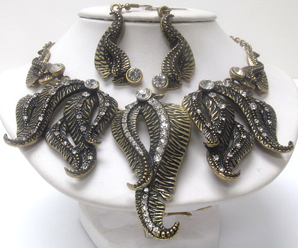 Multi crystal metal fashion leaf shape chain necklace earring set