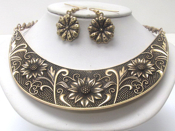 Metal print sunflowers on metal bib style chain necklace earring set