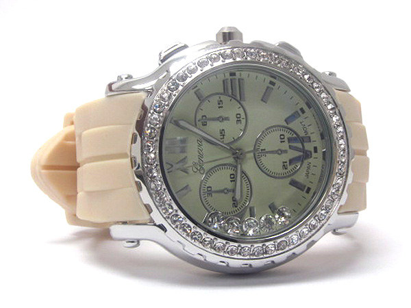 Crystal frame floating stone round face fashion rubber band watch